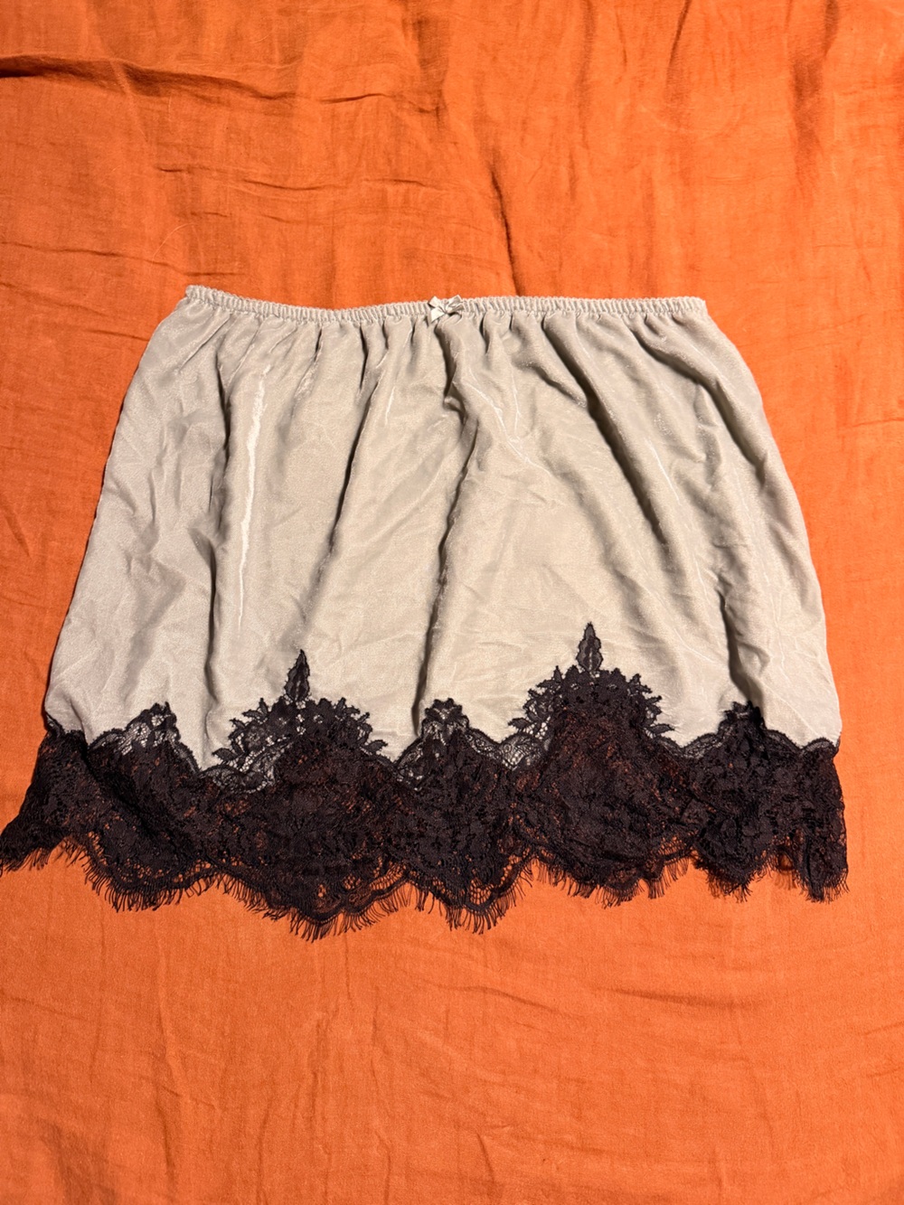 Topshop mini silver velvet slip skirt with black lace edge